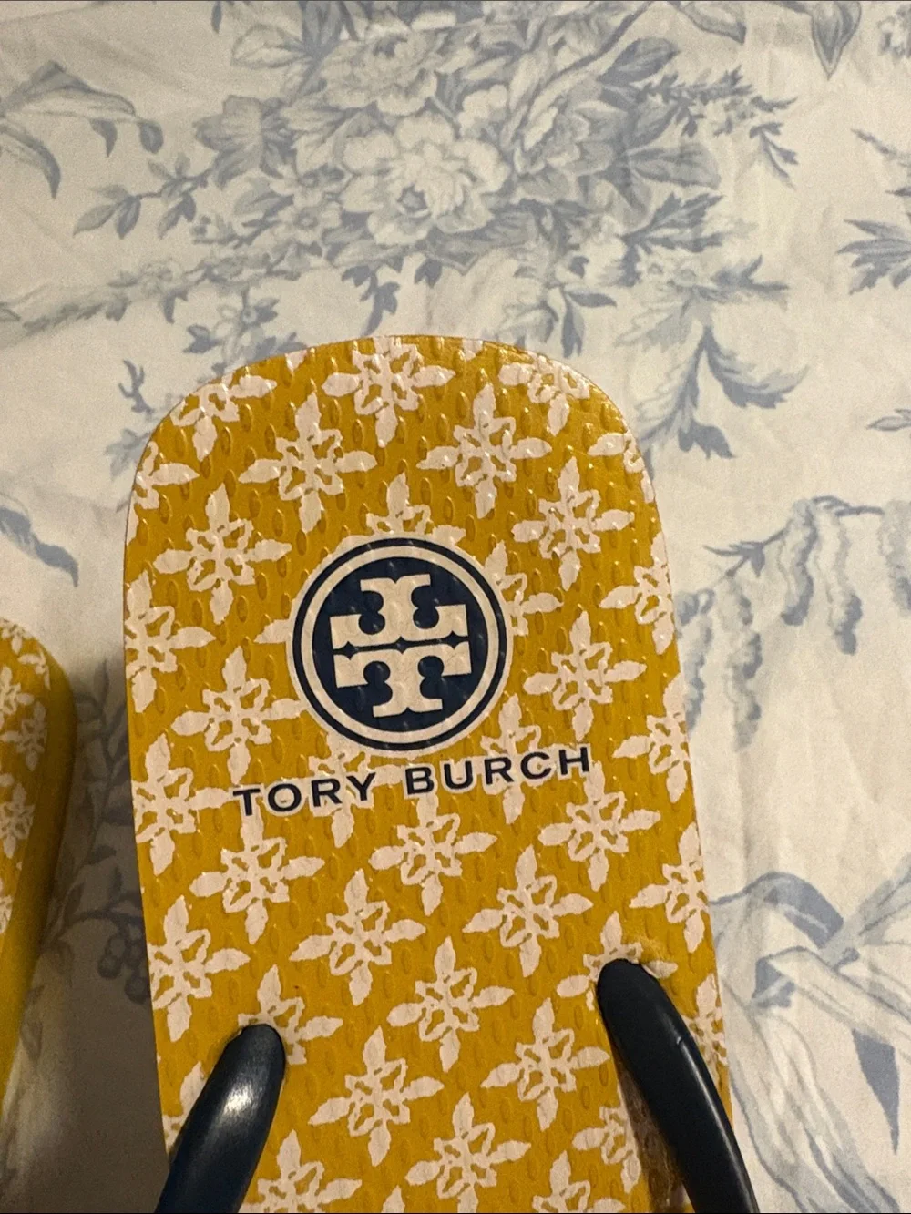 Tory Burch Yellow Patterned Flip Flops with Navy Straps